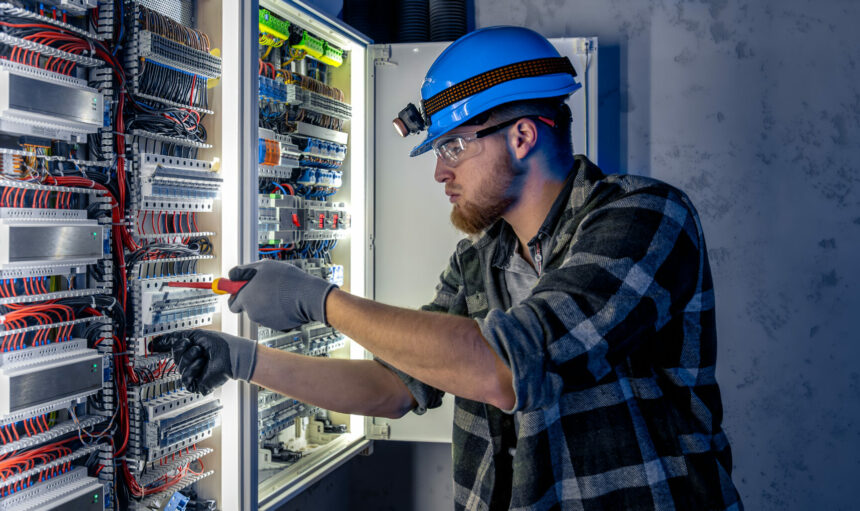 Male electrician working in switchboard with electrical connecting cable. Electrical engineer in special clothes with flashlight on helmet in dark room with emergency lights. Space for text. SSUCv3H4sIAAAAAAAAA41Py46DMAz8F5+DBIUtLL9S9RASA1EDQYmzVYXy7+tQqr1uTvaMM48djIYe6rFsq0aVhS5VV1QVjsXwXcpCtU2DXd2pq9IgQEtC6Ku67qpLXX9dumvblvwEDDIYBf0OxtoYyEsyboWeGY+rRn+MqA05b6TlLQkIJCkGDPyNN8XaE7PH/tG77RnngGwe4pCHJP6J3QXICVf1yvopB7EoD7sbU48noV9Ob0dzjsgiLq7kX28h69wmB8uNR2kDCphlCHygT4A/bt4os05nAy7ulve8OspORx5y6mH0afUuPRtGs88OcbNOatQnHYfFEH1Wjz8Gn3/XKaVfiV598rIBAAA=